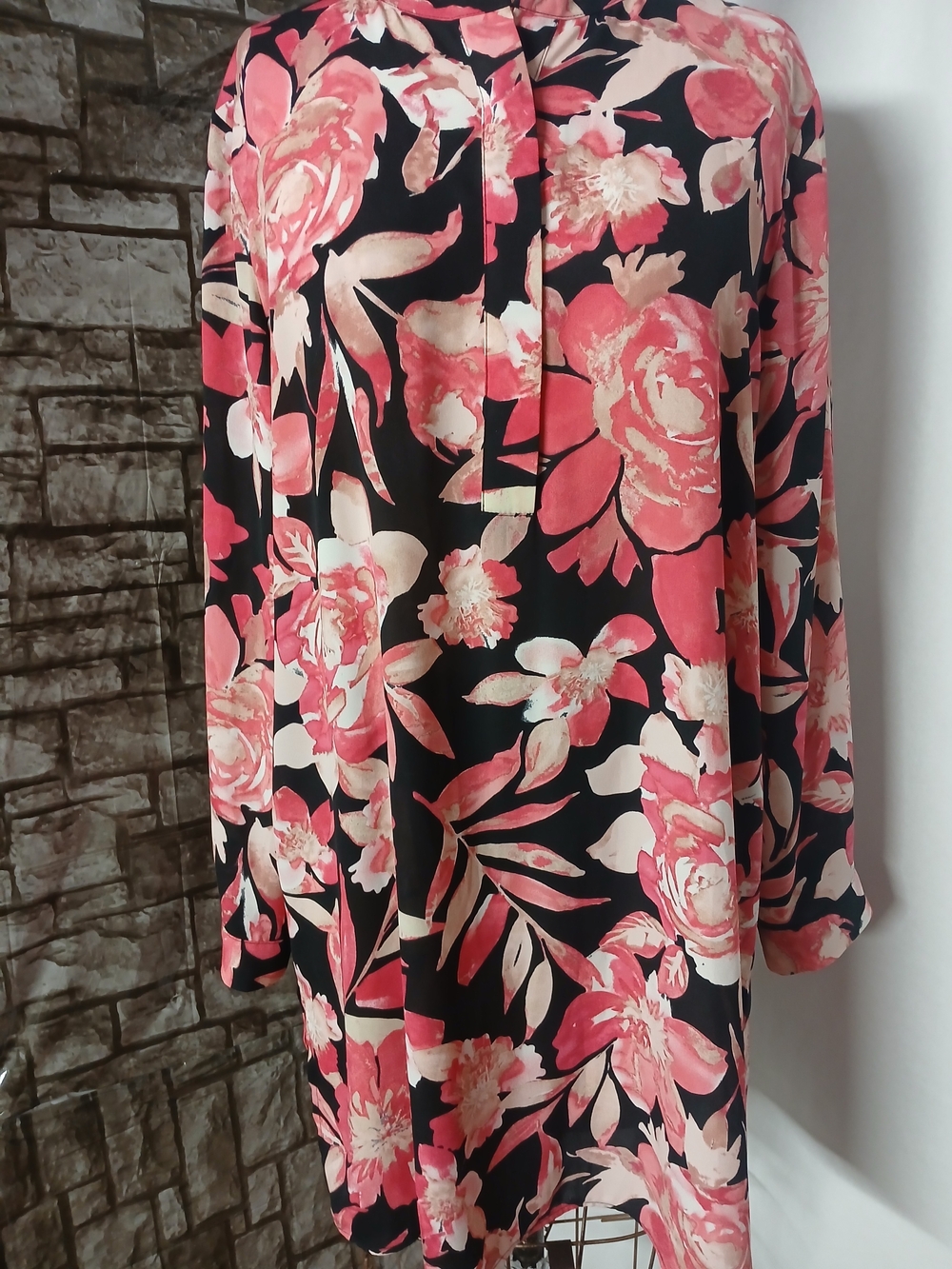 Anne Klein Black Tunic Dress with Pink Floral Print